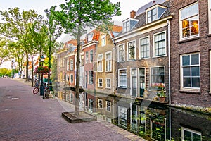 Sunset view of a channel in Delft, Netherlands