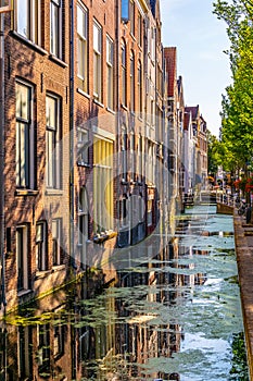 Sunset view of a channel in Delft, Netherlands