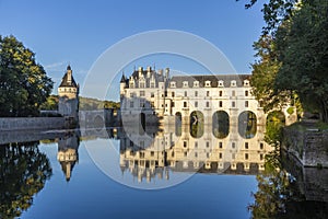 Sunset view of Chenonceaux romantic castle, one of the best-known chateaux of the Loire valley, France