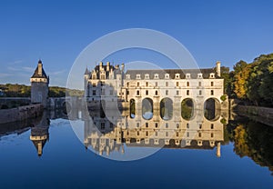 Sunset view of Chenonceaux romantic castle, one of the best-known chateaux of the Loire valley, France