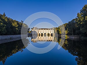 Sunset view of Chenonceaux romantic castle, one of the best-known chateaux of the Loire valley, France