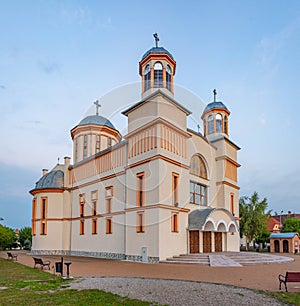 Sunset view of a Church of the Holy Three Hierarchs in Prejmer,