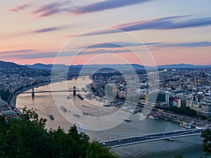 Sunset view from Citadella to Pest side of Budapest, Hungary