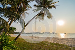 Sunset view with coconut trees on the seashore, Koh Mak,