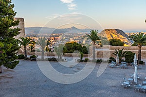 Sunset view of courtyard of castle of Santa Barbara in Alicante, Spain
