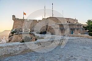 Sunset view of courtyard of castle of Santa Barbara in Alicante, Spain