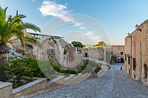 Sunset view of courtyard of castle of Santa Barbara in Alicante, Spain