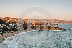 Sunset view of Crescent Bay in Laguna Beach, Orange County, California