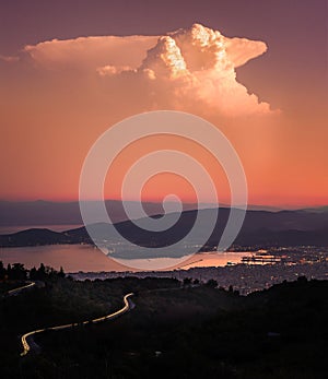 Sunset view with cumulonimbus from Pelion Mountain, Volos, Greece