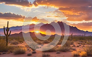 Sunset view of the desert and mountains near Phoenix, Arizona, USA