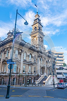 Sunset view of Dunedin town hall in New Zealand