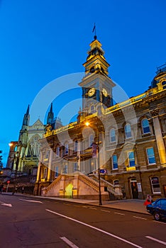 Sunset view of Dunedin town hall and saint paul\'s cathedral in New Zealand