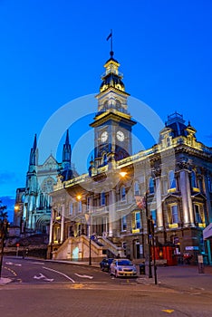 Sunset view of Dunedin town hall and saint paul\'s cathedral in New Zealand