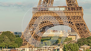 Sunset view of Eiffel Tower timelapse with fountain in Jardins du Trocadero in Paris, France.