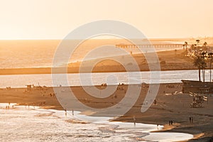 Sunset view of the entrance to Newport Harbor and beaches in Corona del Mar, Newport Beach, California