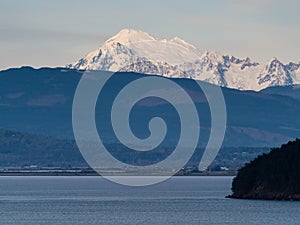 Sunset view of Fidalgo and Padilla bay with Mount Baker at the background from Cap Sante park