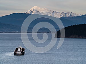 Sunset view of Fidalgo and Padilla bay with Mount Baker at the background from Cap Sante park
