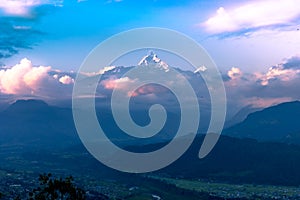 Sunset View of the Fishtail Mountain from Sarangkot Hill in Pokhara,Nepal