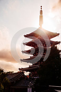 Sunset view of the five-storey pagoda at Senso-ji temple in Asakusa, Tokyo, Japan.