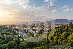 Sunset view of Florence old town and Cathedral with the Brunelleschi Dome