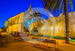 Sunset view of fortification of Alcudia town at Mallorca, Spain