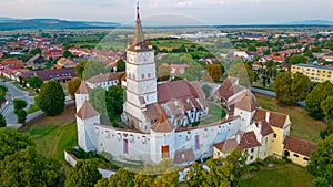 Sunset view of the Fortified Evangelical Church in Harman, Roman