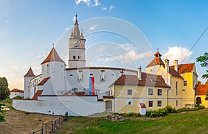 Sunset view of the Fortified Evangelical Church in Harman, Roman