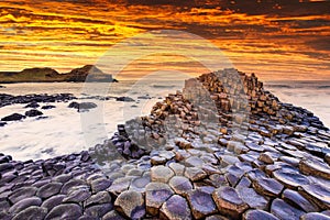 Sunset view on the Giants Causeway in Northern Ireland