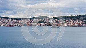 Sunset view of greek city of Argostoli at Kefalonia island in Greece