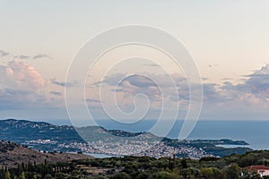 Sunset view of greek city of Argostoli at Kefalonia island in Greece