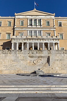 Sunset view of The Greek Parliament in Athens, Attica, Greece