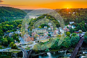 Sunset view of Harpers Ferry, West Virginia from Maryland Heights