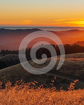 Sunset view from the Hickory Oaks Trail in the Santa Cruz Mountains, Los Gatos, California