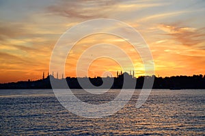 Sunset. View of the historical district of Fatih from the sea of Marmara, Istanbul,