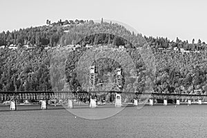 Sunset view of the Hood River Bridge over the Columbia River, near Hood River, Oregon