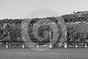 Sunset view of the Hood River Bridge over the Columbia River, near Hood River, Oregon