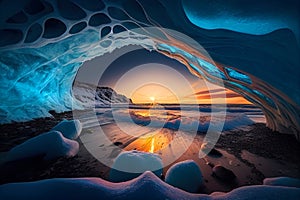 Sunset view from inside a blue ice cave. Ai generative