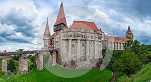 Sunset view of the Korvin castle in Hunedoara, Romania