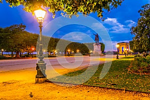 Sunset view of La Promenade du Peyrou dominated by the statue of king Louis XIV in Montpellier, France