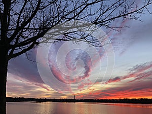 Sunset view on Lake Boschmolenplas in Limburg