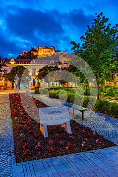 Sunset view of Leiria castle overlooking the old town, Portugal