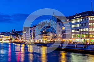 Sunset view of Limmat river in Zurich, Switzerland