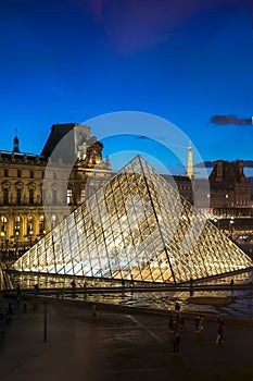 Sunset view of the Louvre museum inside out on the pyramid