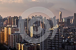 Sunset view of many high-end enterprises such as finance, insurance, real estate, Guangzhou city, China.