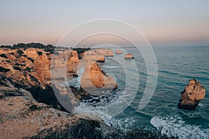 Sunset View of Marinha Beach in Algarve, Portugal from Cliff in Lagoa