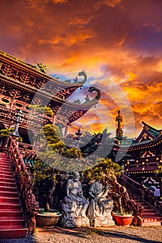 Sunset view of Minh Thanh Pagoda in Pleiku city, Gia Lai province, Vietnam photo