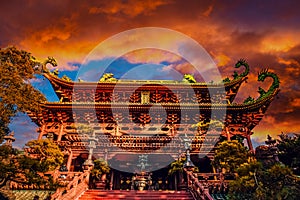Sunset view of Minh Thanh Pagoda in Pleiku city, Gia Lai province, Vietnam photo