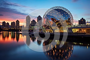 Sunset view of modern architecture in Rotterdam, Netherlands, Science World in Vancouver, Canada, AI Generated