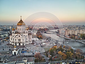 Sunset view of Moscow Cathedral of Christ the Savior in Moscow, Russia. Moscow river and patriarchal bridge. Aerial view