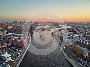 Sunset view of Moscow Cathedral of Christ the Savior in Moscow, Russia. Moscow river and patriarchal bridge. Aerial view